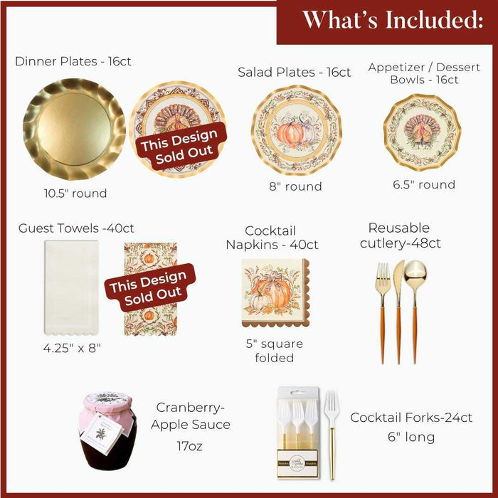 A display featuring the Turkey & Gourds: Thanksgiving Table for 16 set by Sophistiplate LLC—including designer disposable plates, bowls, utensils, napkins, guest towels, cocktail forks, and a jar of cranberry-apple sauce—creates a charming Thanksgiving tablescape, with two designs shown as sold out.
