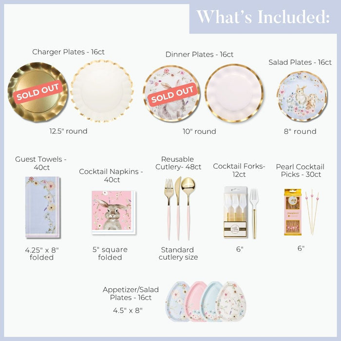 The Ultimate Easter Tablescape for 16: Charming Easter by Sophistiplate LLC includes designer plates, gold chargers, animal and pastel salad plates, guest towels, napkins, reusable gold cutlery, cocktail forks, and pearl picks—perfect for your festive table.