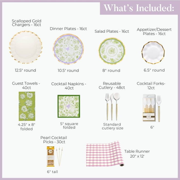 The Ultimate Easter Tablescape for 16: Easter Toile by Sophistiplate LLC includes images of scalloped gold chargers, designer paper and salad plates, appetizer/dessert plates, guest towels, cocktail napkins, reusable cutlery, forks, pearl picks & table runner—ideal for Easter.