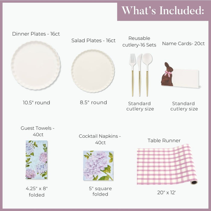 Image shows what's included in the Sophistiplate LLC Ultimate Easter Tablescape for 16: Violet Hydrangea—16 dinner plates (10.5"), 16 salad plates, 16 cutlery sets, 20 name cards, 40 guest towels, 40 napkins & a table runner.
