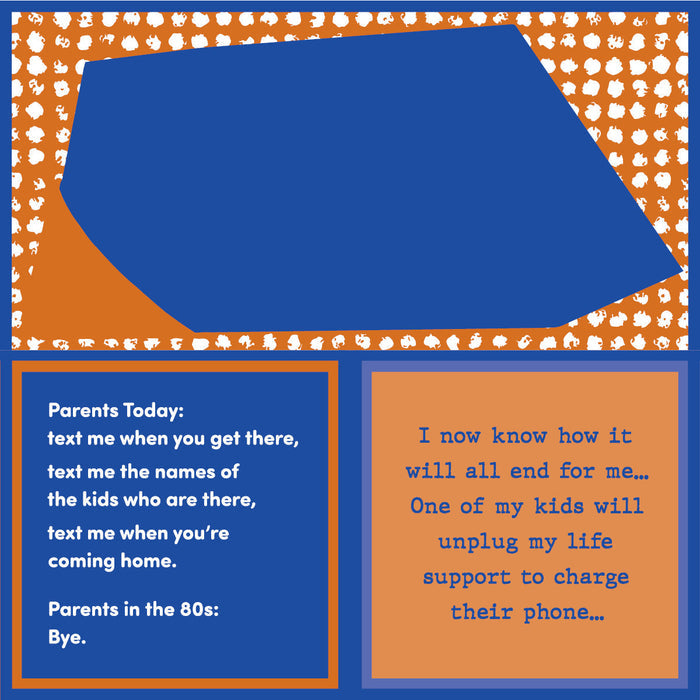 The Drinks On Me Unplug Napkin features two funny text boxes—one comparing parents’ texting now vs. the 80s, and another joking about unplugging life support to charge a phone—with blue, orange, and white designs for hilarious party supplies or cocktail napkins.
