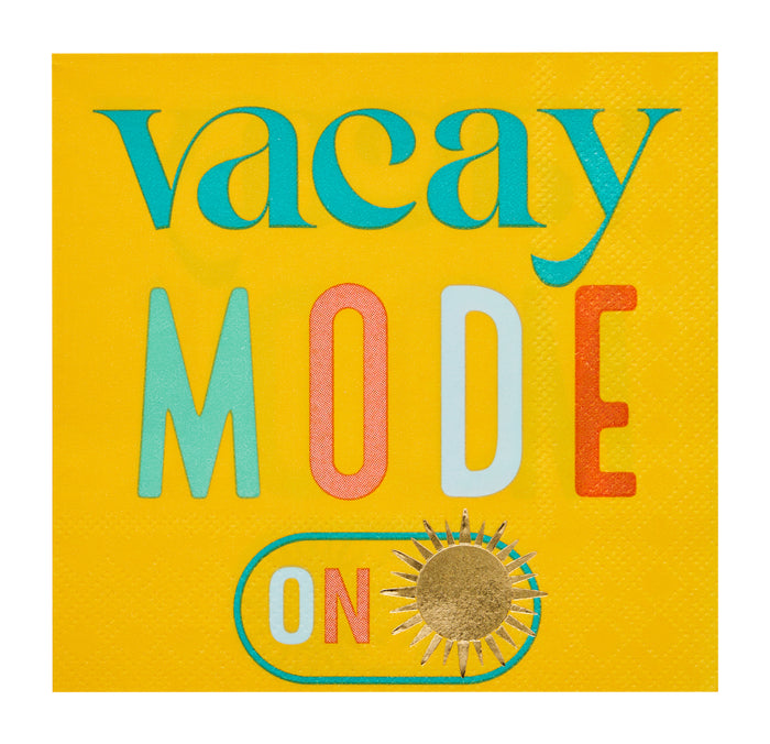 Bring a coastal vibe to your party with Sugarplum's Vacay mode On Cocktail Napkins (26pk), featuring colorful "vacay MODE ON" text and a gold sun icon—perfect for gatherings when vacation mode is officially activated!.