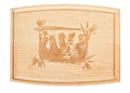 The Maple Vicki Sawyer "Party at the Coop" Maple Wood Cheeseboard 12 x 9" features five chickens engraved with a rustic plant border and is artisan-crafted in the USA.
