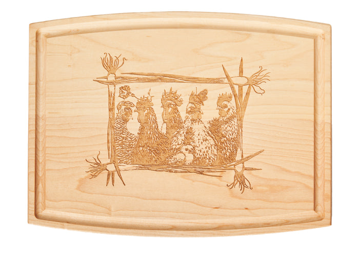 The Maple Vicki Sawyer "Party at the Coop" Maple Wood Cheeseboard 12 x 9" features five chickens engraved with a rustic plant border and is artisan-crafted in the USA.