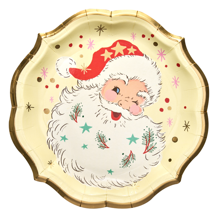 The Sophistiplate Vintage Santa Dinner Plates (8pk) feature a winking Santa with a red hat, white beard, rosy cheeks, festive stars and holly, plus a scalloped gold-trimmed edge for a charming holiday touch.
