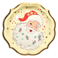 The Sophistiplate Vintage Santa Dinner Plates (8pk) feature a winking Santa with a red hat, white beard, rosy cheeks, festive stars and holly, plus a scalloped gold-trimmed edge for a charming holiday touch.