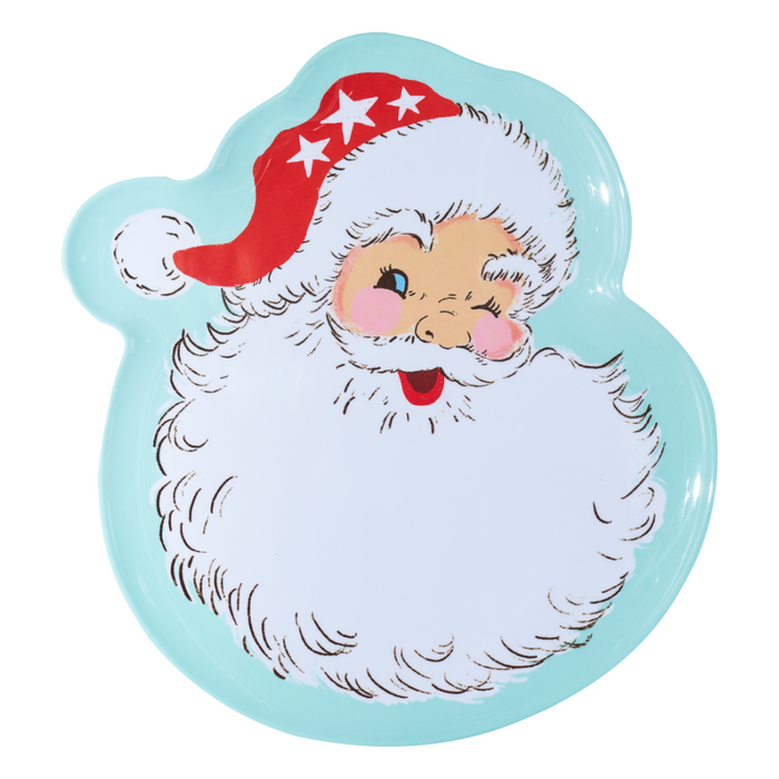 The Sophistiplate Vintage Santa Melamine Serving Platter features a playful cartoon Santa with a red hat, fluffy white beard, rosy cheeks, and a wink, set against a light blue platter shaped like vintage Santa.