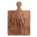 The Maple Walnut Artisan Paddle Board | Charcuterie | 9" x 6" is a rectangular black walnut board with a handle, engraved with "CHARCUTERIE"—perfect for serving cheese.