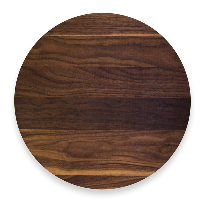 The Maple Walnut Wood Round Lazy Susan, 16", features rich, dark brown grain patterns and a round, flat design, shown from above on a white background.