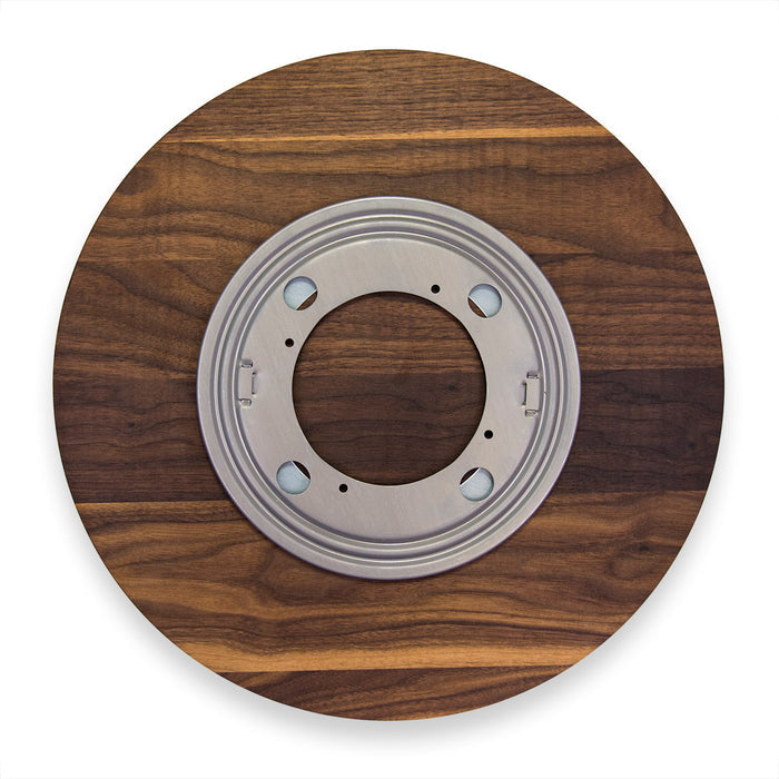 The Maple Walnut Wood Round Lazy Susan (16") features a round walnut board with a central metal rotating mechanism, shown against a white background.