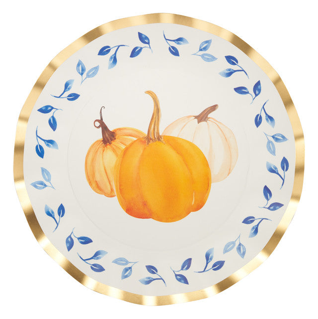 The Sophistiplate Wavy Dinner Plate Harvest Blues features three pumpkins—two orange, one white—centered with a blue leaf border and foil edge. Sold in packs of 8, it’s perfect for autumn gatherings.