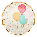The Sophistiplate Wavy Salad Plate Lets Celebrate - 8pkg features round paper plates with a ruffled foil edge, gold rim, and colorful balloon and confetti designs—ideal party tableware for any celebration.