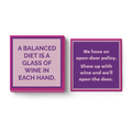 Add humor to your next party with two "We Have An Open-Door Policy" wine napkins by Drinks On Me. These purple and pink cocktail napkins are perfect bar cart accessories for gatherings or dinner parties.
