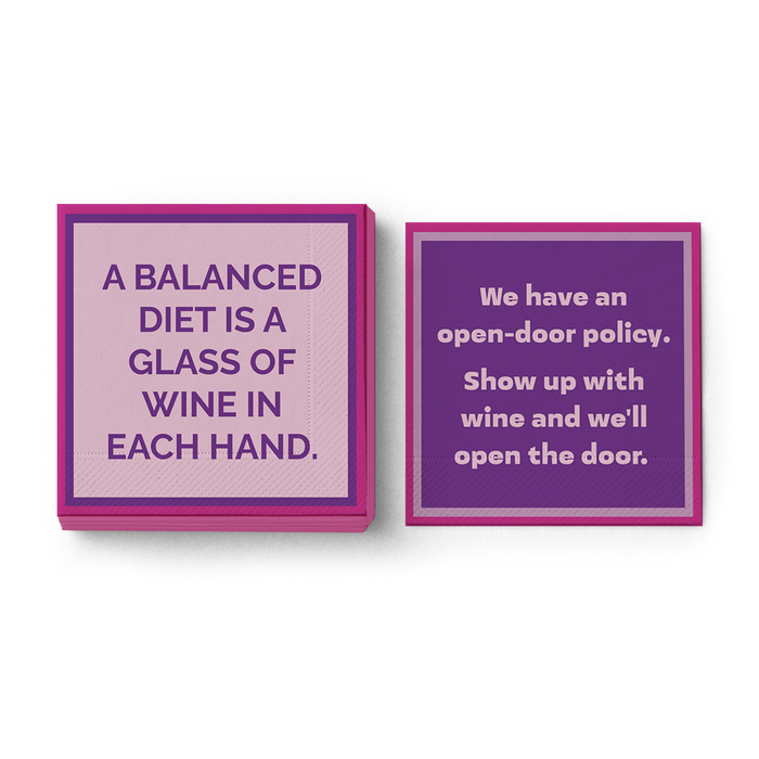 Add humor to your next party with two "We Have An Open-Door Policy" wine napkins by Drinks On Me. These purple and pink cocktail napkins are perfect bar cart accessories for gatherings or dinner parties.