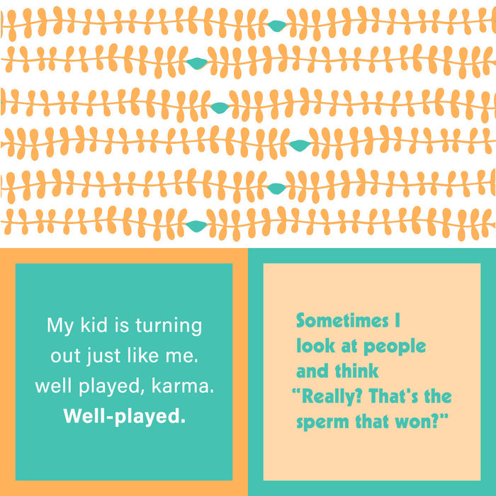 An image featuring orange abstract leaf patterns above and two text boxes below—ideal for showcasing the "Well played Napkin" by Drinks On Me, a fun gift with witty quotes to add humor to any party or celebration.