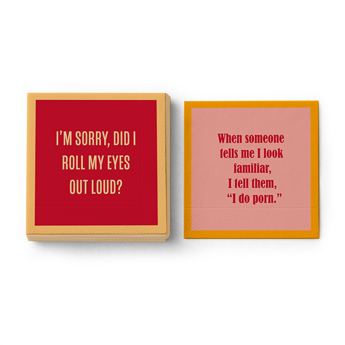 The Drinks On Me "Roll Your Eyes Napkin" set features two witty cocktail napkins: one says, “I’m sorry, did I roll my eyes out loud?” and the other reads, “When someone says I look familiar, I tell them I do porn.” Perfect for parties or bar carts.