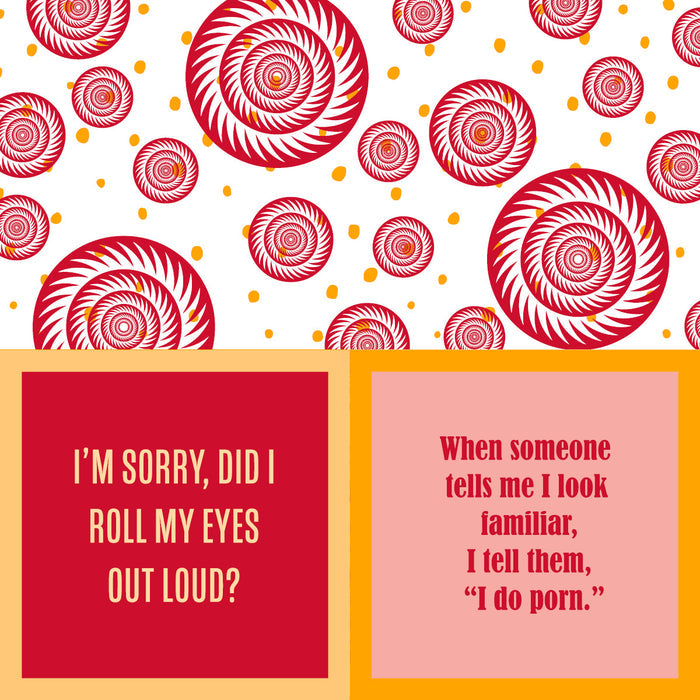 Top: Red and white spiral circles with orange dots on a white background. Bottom left: “I’M SORRY, DID I ROLL MY EYES OUT LOUD?” Drinks On Me Roll Your Eyes Napkin—a funny, unique bar cart accessory for parties.
