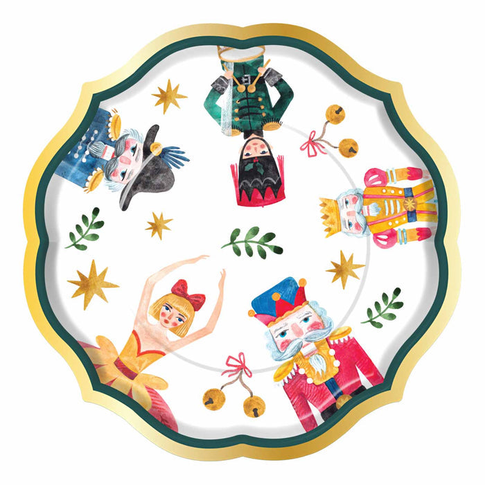 The Sophistiplate Whimsical Nutcracker Paper Salad Plate (8pk) features scalloped edges, gold trim, and festive Nutcracker illustrations—ballerina, soldiers, mouse king—perfect for adding charm to your Christmas disposable plates collection.