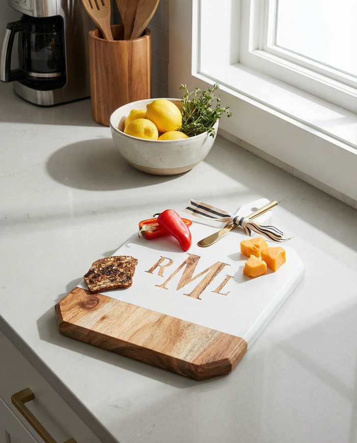 A Maple White Acacia Heirloom Board Rectangle 16x10", personalized with initials RML, displays cheese cubes, red pepper, and a cracker. A fork, knife, and ribbon are nearby; lemons and herbs rest beside a kitchen window in the background.