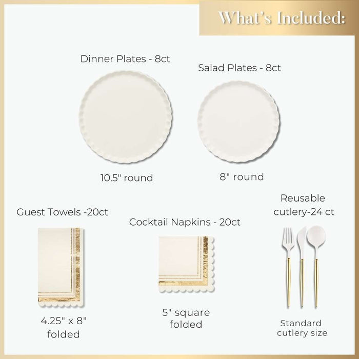 Introducing the White Christmas Table Setting by Sophistiplate: a complete set featuring 8 eco-friendly dinner plates, 8 salad plates, 20 guest towels, 20 cocktail napkins, and 24 reusable cutlery pieces—all thoughtfully displayed with sizes on a light background. Ideal for any gathering, these disposable party essentials blend convenience with sustainable style.