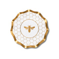 The Sophistiplate White Honeybee Appetizer/Dessert Bowls (8pk) feature elegant gold wavy edges, a striking gold honeycomb pattern, and a charming gold bee illustration at the center—perfect for elevating any gathering. These stylish disposable paper bowls combine charm with convenience, making them an ideal choice for serving appetizers or desserts at your next event.