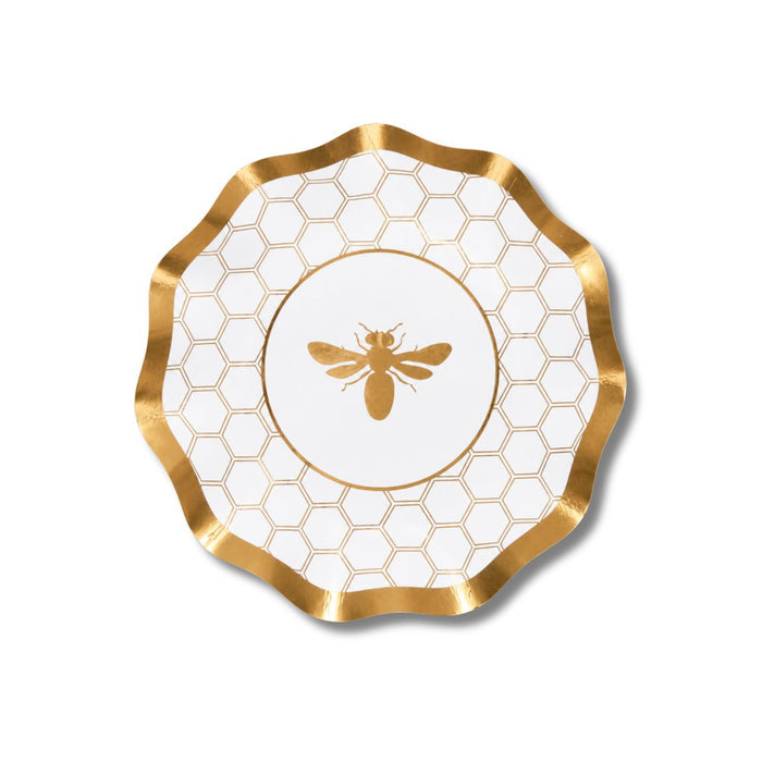 The Sophistiplate White Honeybee Appetizer/Dessert Bowls (8pk) feature elegant gold wavy edges, a striking gold honeycomb pattern, and a charming gold bee illustration at the center—perfect for elevating any gathering. These stylish disposable paper bowls combine charm with convenience, making them an ideal choice for serving appetizers or desserts at your next event.
