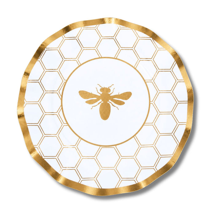The Sophistiplate White Honeybee Dinner Plates (8pk) feature a round white design adorned with a gold honeycomb pattern, a central gold bee illustration, and an elegant gold rim—perfect for adding sophisticated style to any gathering.