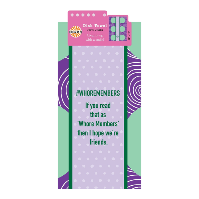Add humor to your kitchen with the Whoremembers Towel by Drinks On Me, featuring a purple, green, and white polka dot and swirl design. The towel reads: #WHOREMEMBERS—ideal for housewarmings and fans of witty décor!.