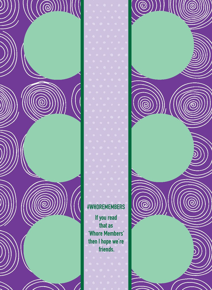 A purple background with white spirals and bold green circles frames a lavender strip reading: #WHOREMEMBERS. The Whoremembers Towel by Drinks On Me is a hilarious housewarming or kitchen gift for those who love cheeky humor.