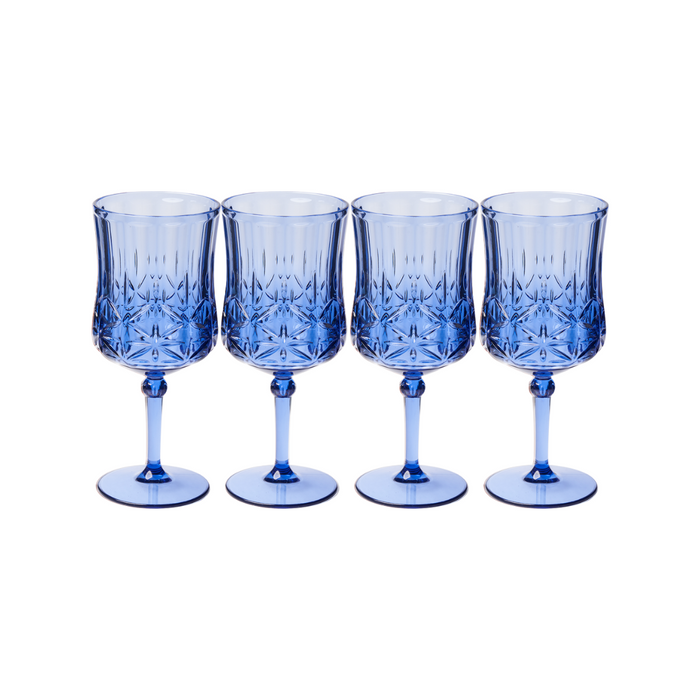 The Sophistiplate LLC Wine Classic Stemmed Blue 4 Pack (16 Oz) features elegant, shatterproof wine glasses arranged in a row against a white background, combining style and durability.
