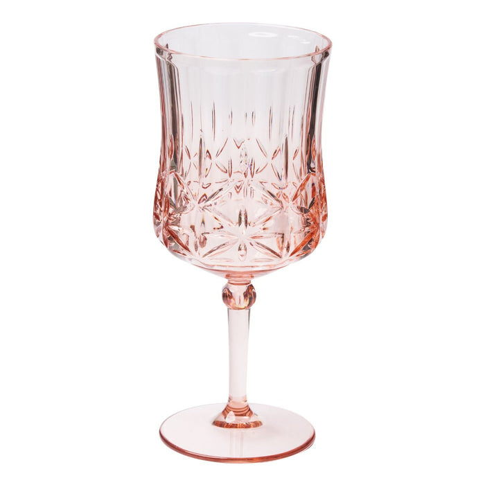 The Sophistiplate Wine Classic Stemmed in Blush is a 16 oz BPA-free plastic wine cup with an intricate decorative pattern, slender stem, and round base, shown against a white background.