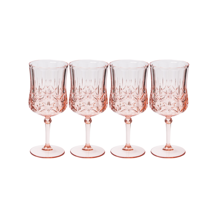 The Sophistiplate Wine Classic Stemmed Blush 4 Pack (16 oz) features elegant, pink-tinted shatterproof glasses with cut patterns—stylish, durable, perfect for entertaining, and dishwasher safe for easy cleaning.