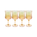 Sophistiplate LLC Wine Classic Stemmed Glasses, Gold, 4 Pack (16 oz): BPA-free, shatterproof plastic with gold-toned stems and intricate patterns. Dishwasher safe, displayed in a row on a white background.