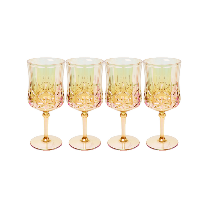 Sophistiplate LLC Wine Classic Stemmed Glasses, Gold, 4 Pack (16 oz): BPA-free, shatterproof plastic with gold-toned stems and intricate patterns. Dishwasher safe, displayed in a row on a white background.