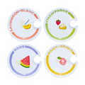 The Maple Wine Holder Appetizer Plates by Meg Quinn are four round melamine plates labeled Sauvignon-Blanc, Champagne, Rosé, and Pinot-Grigio, featuring glass notches and vibrant fruit-and-cheese illustrations with colorful borders.