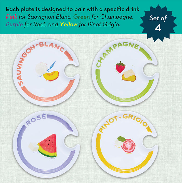 The Maple Wine Holder Appetizer Plates by Meg Quinn come in a set of four, each labeled for Sauvignon Blanc, Champagne, Rosé, and Pinot Grigio with suggested pairings. Each round plate has a notch to hold your wine glass—perfect for tastings.