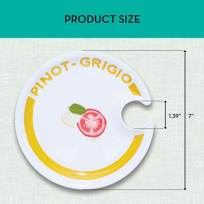 The Maple Wine Holder Appetizer Plate by Meg Quinn is a round white melamine plate with PINOT GRIGIO in yellow, a tomato illustration, and a 1.39-inch notch for glassware. Measures 7 inches wide—ideal for wine tastings or appetizers.