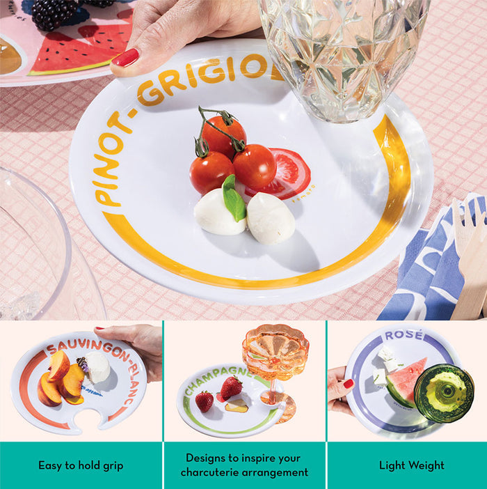 A hand holds a Maple Wine Holder Appetizer Plate by Meg Quinn labeled PINOT GRIGIO with snacks and wine. Below are plates labeled SAUVIGNON BLANC, CHAMPAGNE, and ROSÉ, each holding appetizers and drinks. Text highlights the plate’s features.