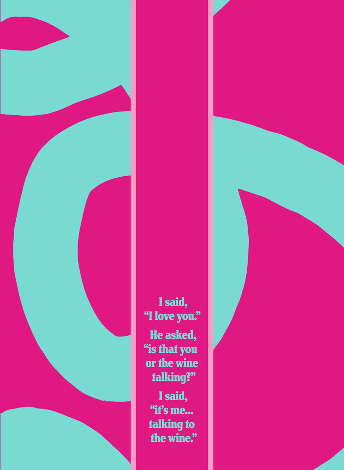 The Wine Talking Dish Towel by Drinks On Me features bold pink and turquoise shapes with the quote: “I said, ‘I love you.’ He asked, ‘Is that you or the wine talking?’ I said, ‘It’s me… talking to the wine.’” A hilarious kitchen gift.