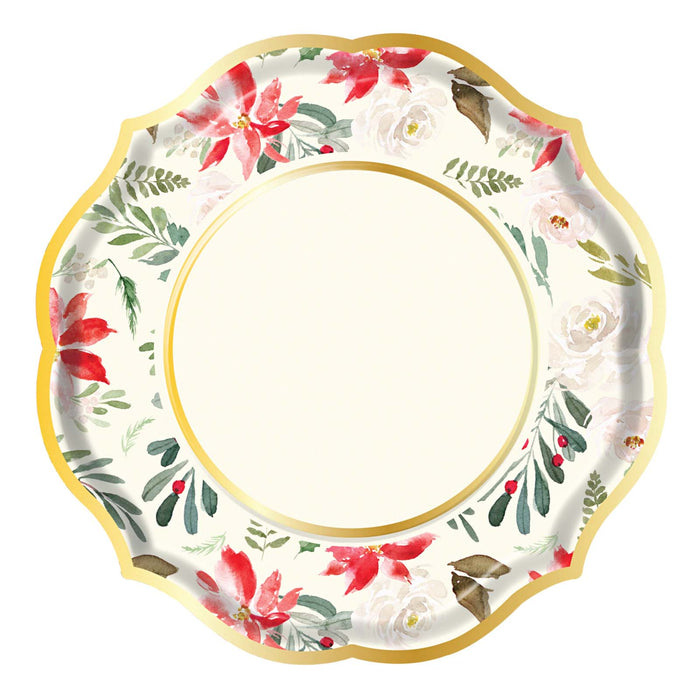 The Sophistiplate Winter Blossom Paper Dinner Plate (8pk) features a scalloped round edge with gold trim, decorated with red, white, and blush flowers, green leaves, and berries; the cream-colored center is blank.