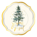 From Sophistiplate’s Winter Blossom Collection, these paper salad plates (8pk) feature a gold scalloped edge, watercolor-style evergreen tree, golden stars, and “Joyous Noel” in elegant gold script across the center.