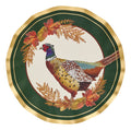 Elevate your Thanksgiving table with the Sophistiplate Woodland Harvest Dinner Plates (8 pack), each featuring a gold-rimmed edge, an illustrated pheasant at the center, and autumn leaves and foliage on a green and cream background—perfect for adding elegance to your holiday collection or showcasing as part of your Woodland Harvest plates display.