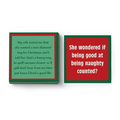 Drinks On Me Xmas Counted Napkin—set of two square Christmas-themed coasters with hilarious sayings, perfect as funny cocktail napkins or best-selling holiday party napkins for your next get-together.