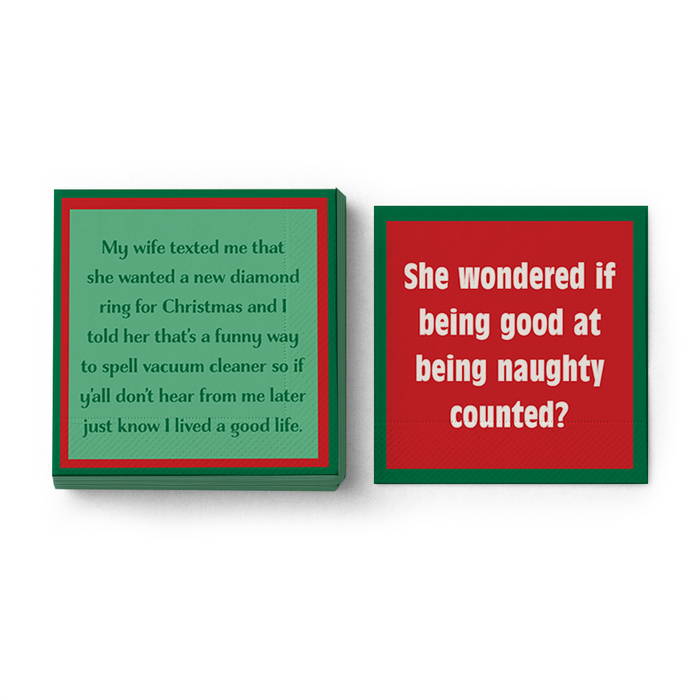 Drinks On Me Xmas Counted Napkin—set of two square Christmas-themed coasters with hilarious sayings, perfect as funny cocktail napkins or best-selling holiday party napkins for your next get-together.
