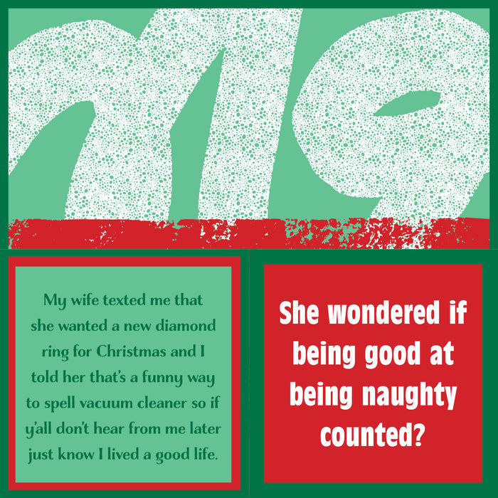 A green and red holiday-themed image shows two white joke texts—one about buying a vacuum instead of a diamond ring, the other about being good at being naughty—just like our Xmas Counted Napkin by Drinks On Me.