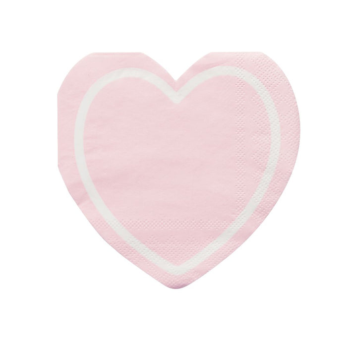 A pink, heart-shaped napkin featuring a white heart outline from the Sugarplum XOXO Die Cut Lunch Napkins/16pk, perfect for Valentine's Day celebrations, shown on a white background.