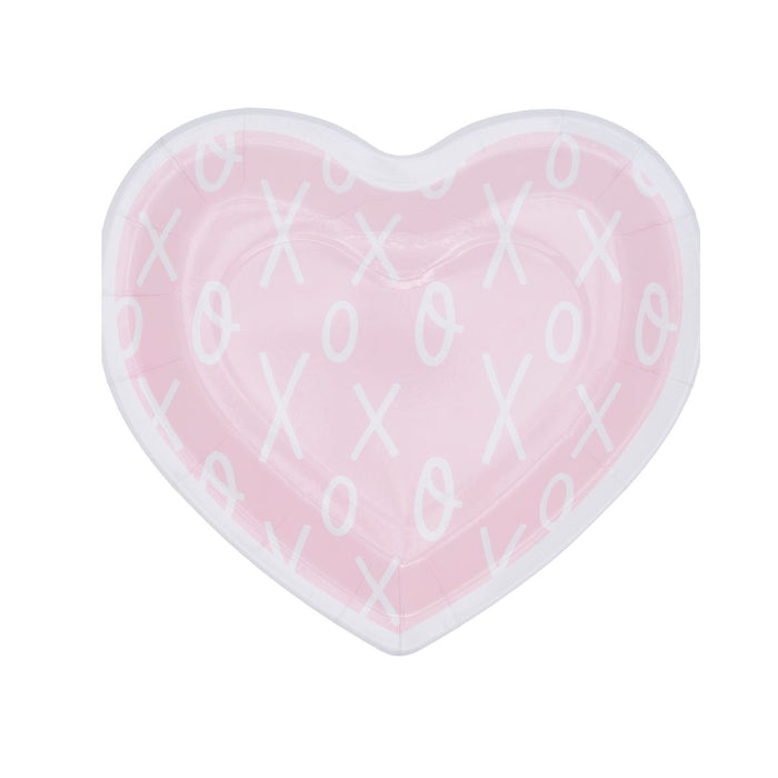 The Sugarplum XOXO Die Cut Salad Plates (8pk) are pink, heart-shaped plates with white X’s and O’s, a glossy finish, and raised edge—perfect as Valentine’s Day or disposable party plates.