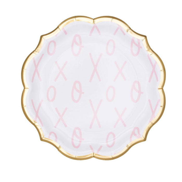 Sugarplum XOXO Dinner Plates (8pk) feature round white disposable plates with gold scalloped edges and a light pink XOXO pattern—perfect for adding charm to your Valentine’s Day table.
