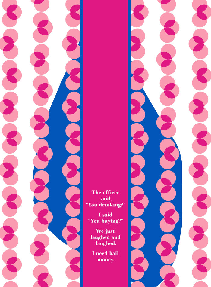 The Drinks On Me “You Drinking?” Dish Towel features vertical pink dot stripes over a blue abstract shape with witty white text on pink: The officer said, You drinking? I said, You buying? A perfect sarcastic gift!.