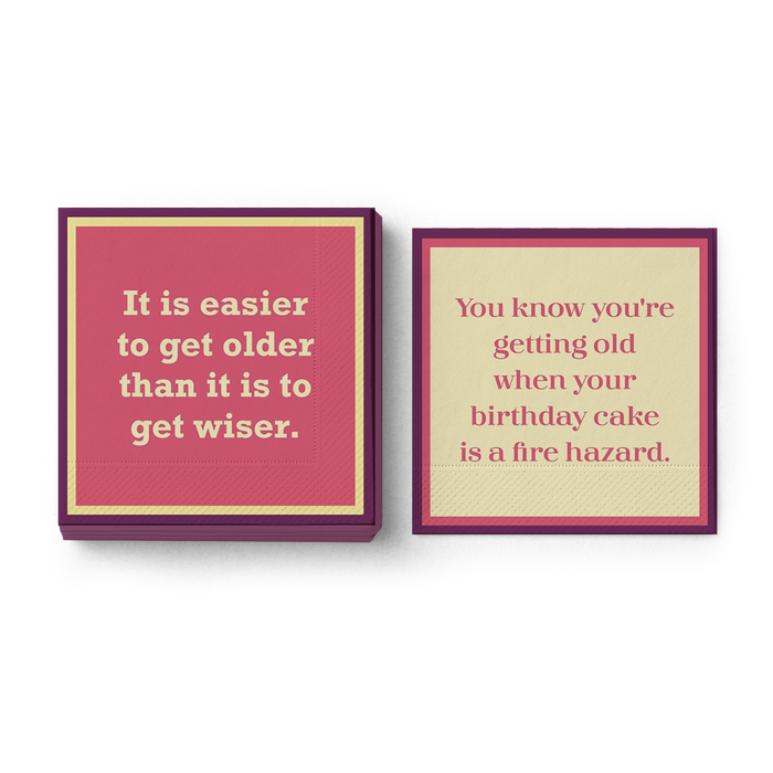 Add humor to your party with this Drinks On Me set: two "You Know You're Getting Old" cocktail napkins—one says, "It is easier to get older than it is to get wiser," the other jokes about birthday cake as a fire hazard. Perfect bar cart accessories!.